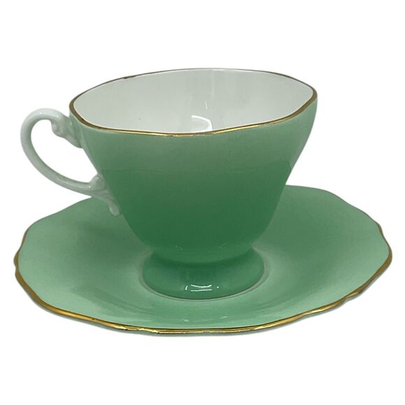 Mint Green Floral Crown Tea Cup and Saucer Staffordshire England Pink Roses - Picture 5 of 7